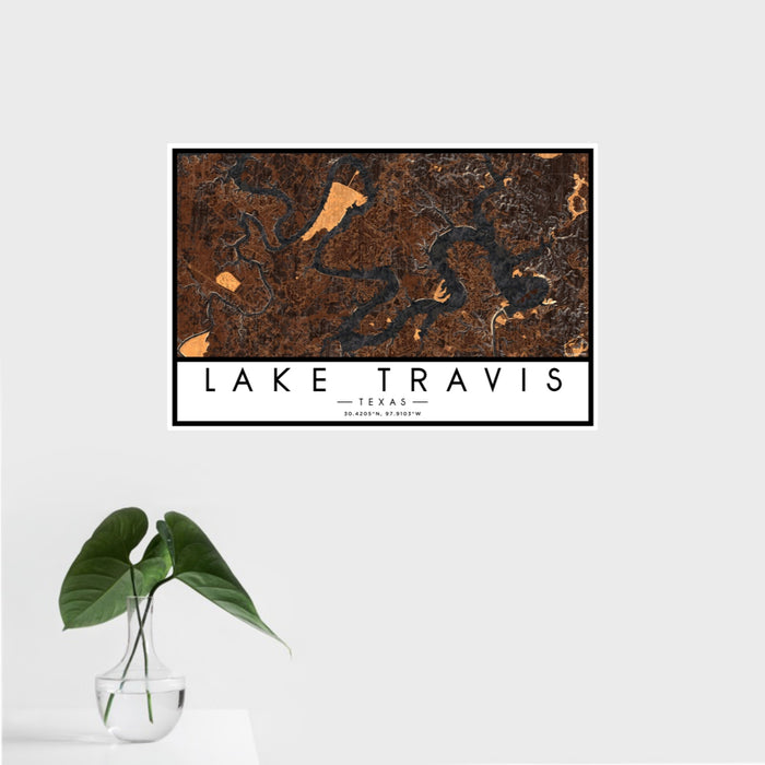 16x24 Lake Travis Texas Map Print Landscape Orientation in Ember Style With Tropical Plant Leaves in Water