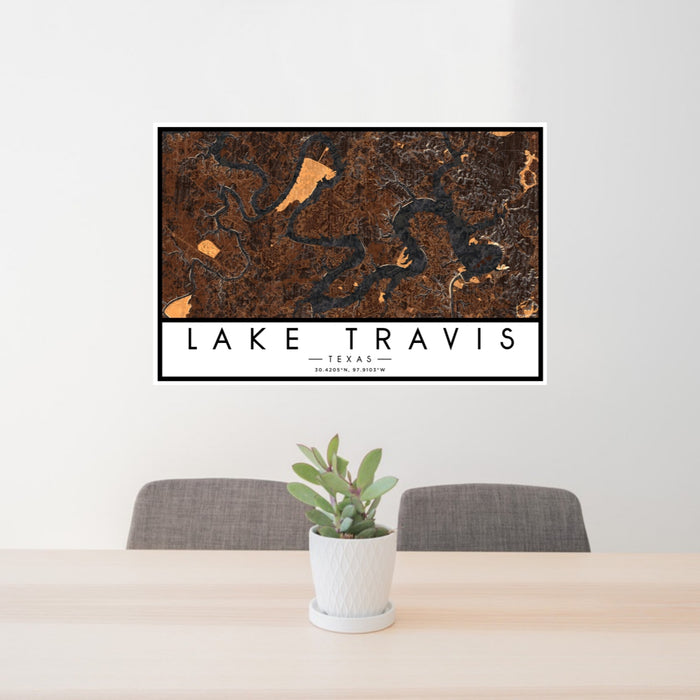 24x36 Lake Travis Texas Map Print Landscape Orientation in Ember Style Behind 2 Chairs Table and Potted Plant