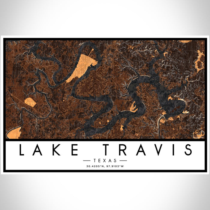 Lake Travis Texas Map Print Landscape Orientation in Ember Style With Shaded Background