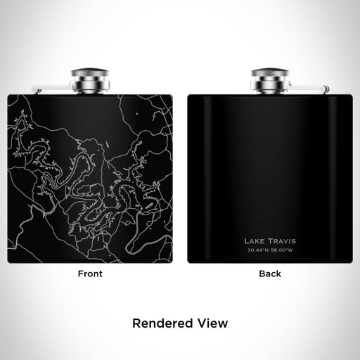 Rendered View of Lake Travis Texas Map Engraving on 6oz Stainless Steel Flask in Black