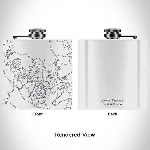 Rendered View of Lake Travis Texas Map Engraving on 6oz Stainless Steel Flask in White