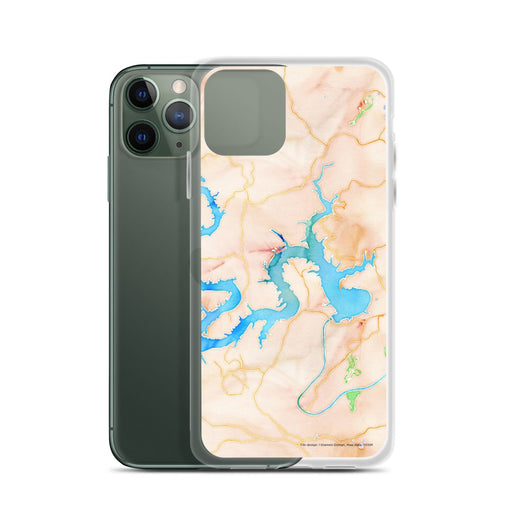 Custom Lake Travis Texas Map Phone Case in Watercolor on Table with Laptop and Plant