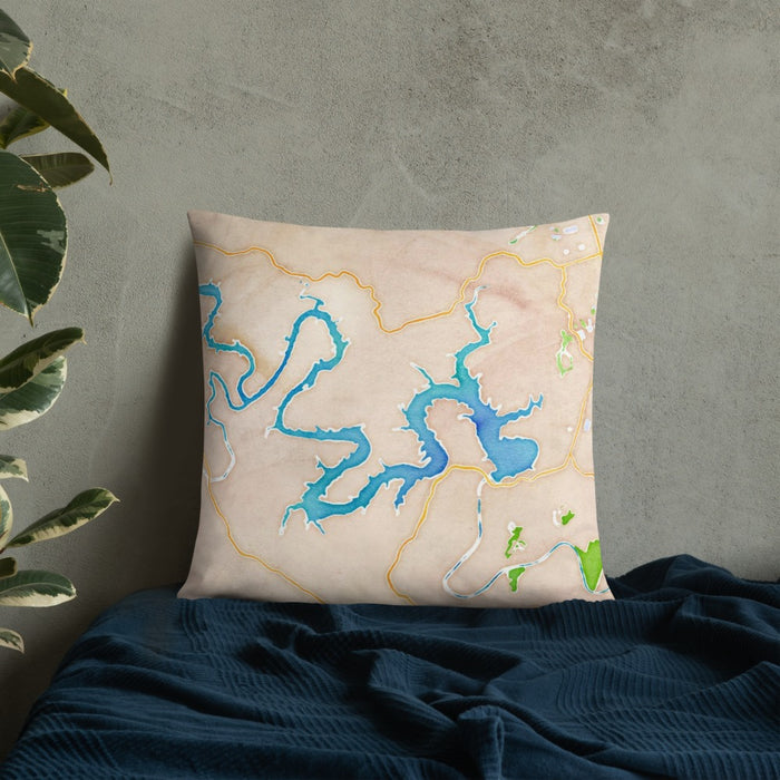 Custom Lake Travis Texas Map Throw Pillow in Watercolor on Bedding Against Wall