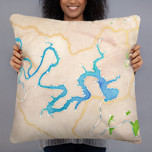 Person holding 22x22 Custom Lake Travis Texas Map Throw Pillow in Watercolor