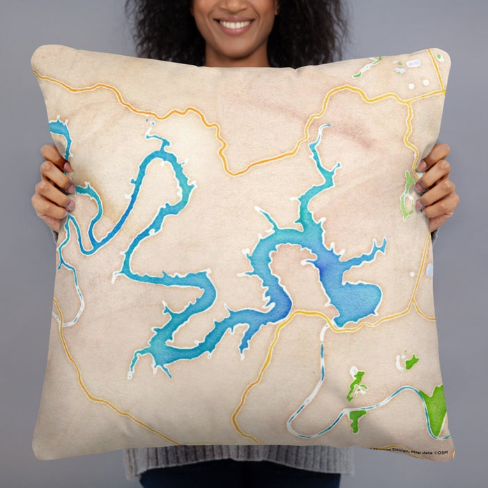 Person holding 22x22 Custom Lake Travis Texas Map Throw Pillow in Watercolor