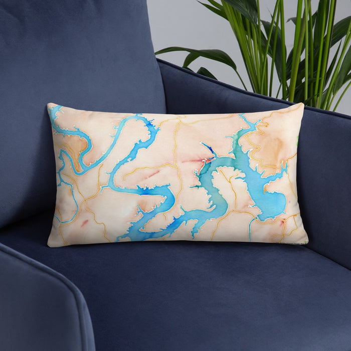 Custom Lake Travis Texas Map Throw Pillow in Watercolor on Blue Colored Chair