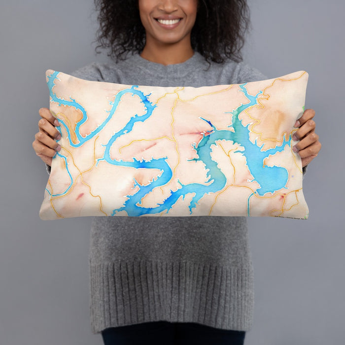 Person holding 20x12 Custom Lake Travis Texas Map Throw Pillow in Watercolor