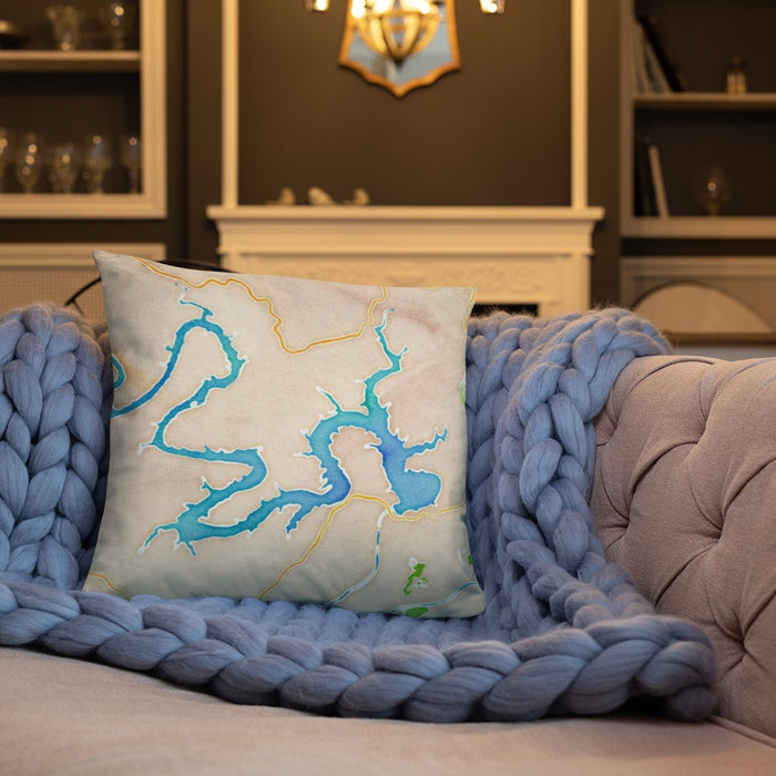 Custom Lake Travis Texas Map Throw Pillow in Watercolor on Cream Colored Couch