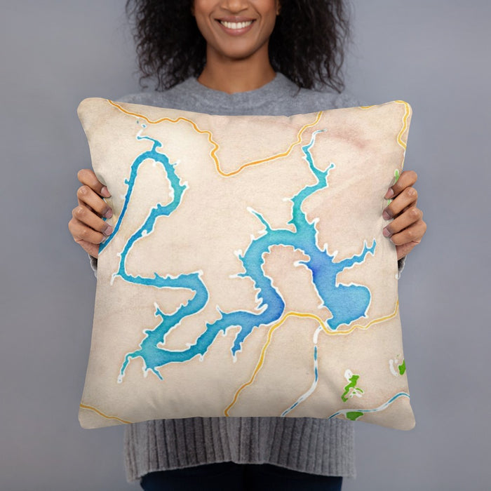 Person holding 18x18 Custom Lake Travis Texas Map Throw Pillow in Watercolor