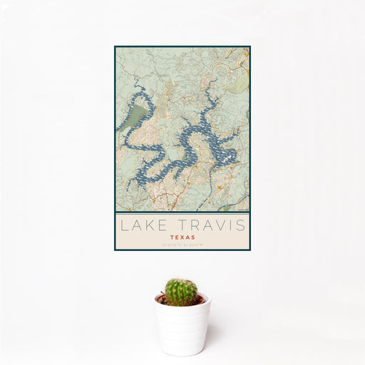 12x18 Lake Travis Texas Map Print Portrait Orientation in Woodblock Style With Small Cactus Plant in White Planter