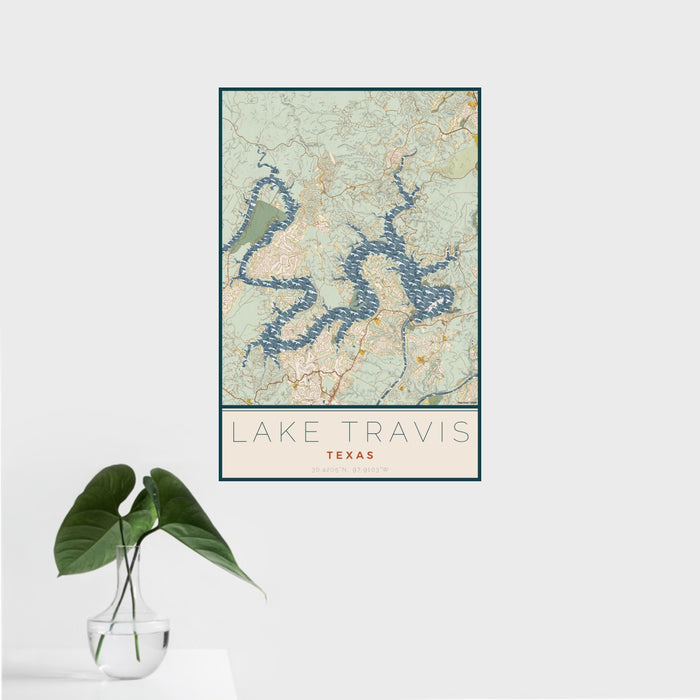 16x24 Lake Travis Texas Map Print Portrait Orientation in Woodblock Style With Tropical Plant Leaves in Water