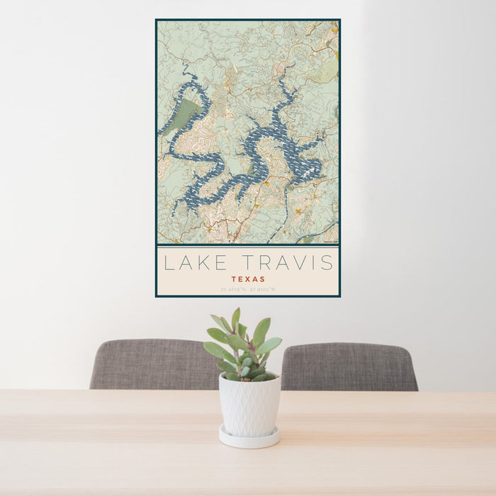 24x36 Lake Travis Texas Map Print Portrait Orientation in Woodblock Style Behind 2 Chairs Table and Potted Plant