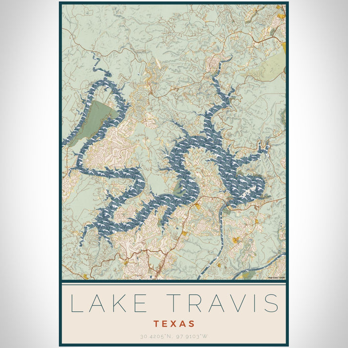 Lake Travis Texas Map Print Portrait Orientation in Woodblock Style With Shaded Background