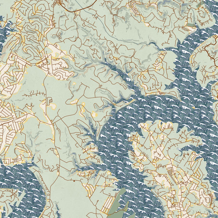 Lake Travis Texas Map Print in Woodblock Style Zoomed In Close Up Showing Details
