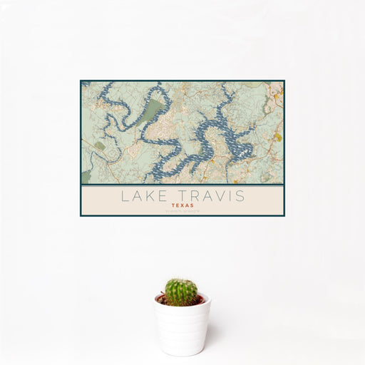 12x18 Lake Travis Texas Map Print Landscape Orientation in Woodblock Style With Small Cactus Plant in White Planter