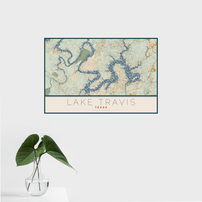 16x24 Lake Travis Texas Map Print Landscape Orientation in Woodblock Style With Tropical Plant Leaves in Water