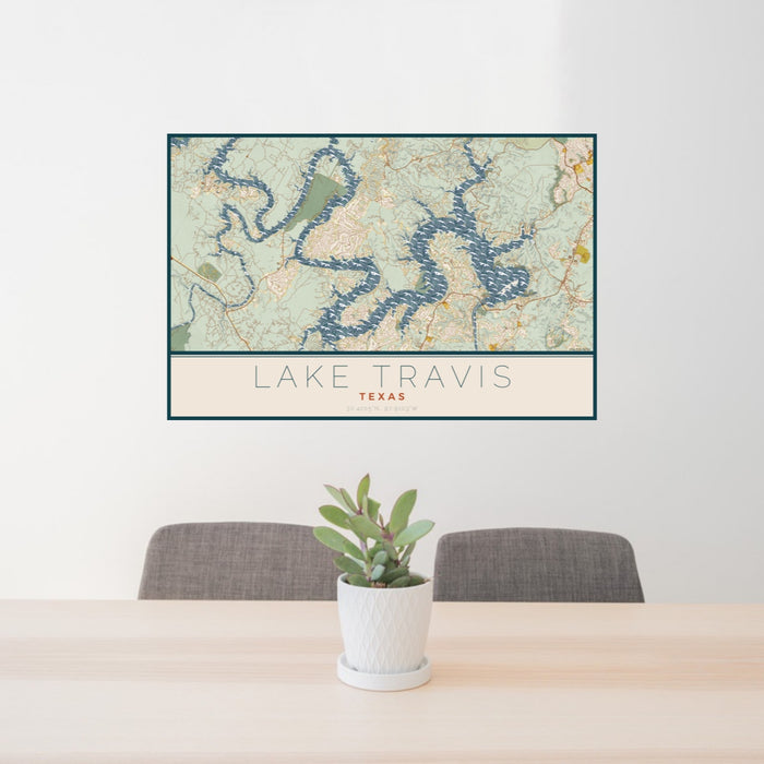 24x36 Lake Travis Texas Map Print Landscape Orientation in Woodblock Style Behind 2 Chairs Table and Potted Plant