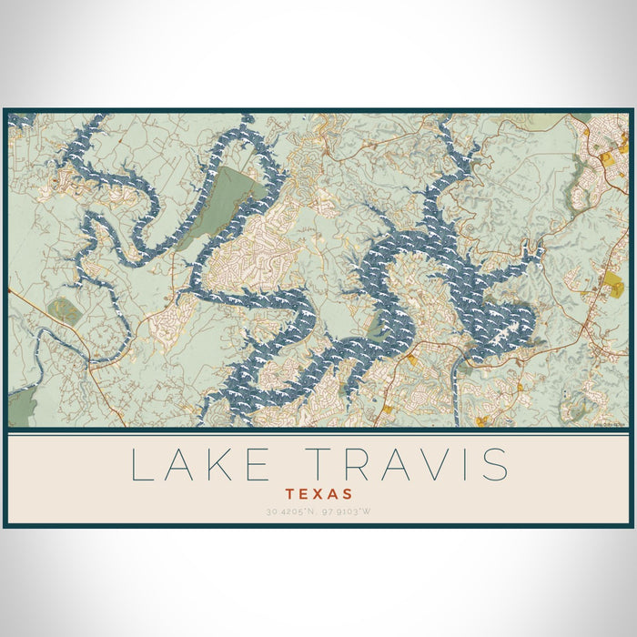 Lake Travis Texas Map Print Landscape Orientation in Woodblock Style With Shaded Background
