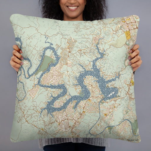 Person holding 22x22 Custom Lake Travis Texas Map Throw Pillow in Woodblock