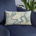 Custom Lake Travis Texas Map Throw Pillow in Woodblock on Blue Colored Chair