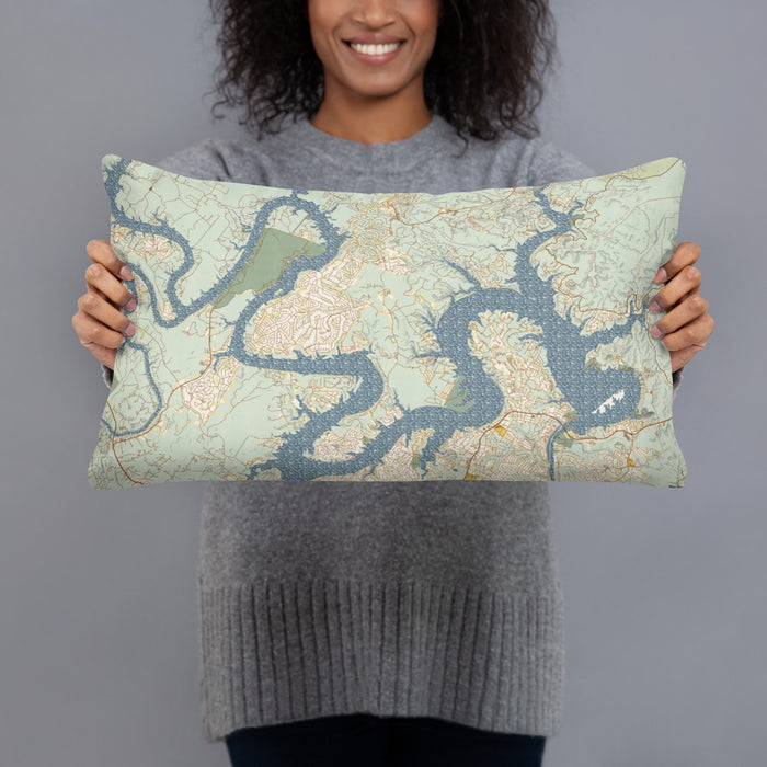 Person holding 20x12 Custom Lake Travis Texas Map Throw Pillow in Woodblock