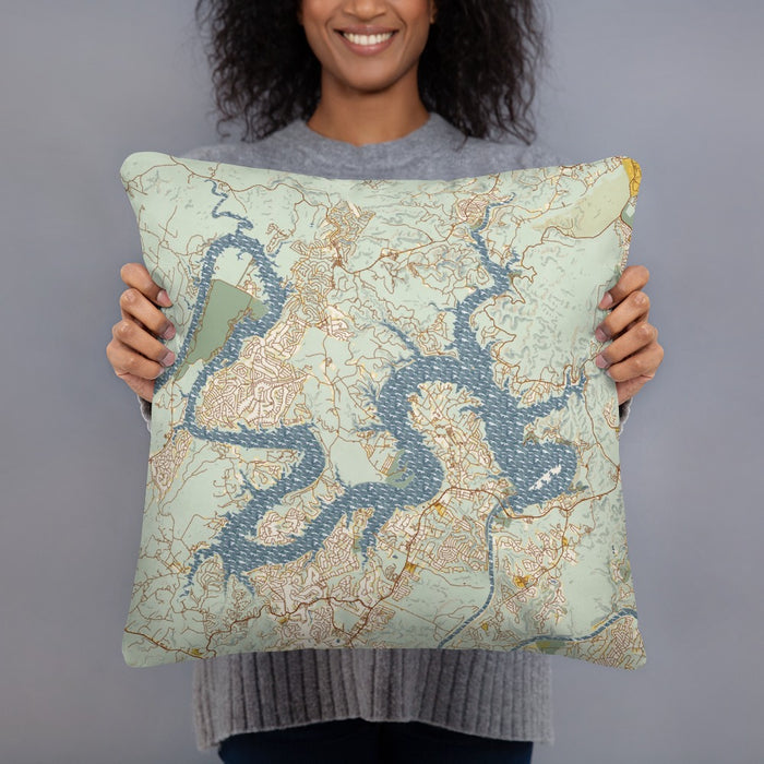 Person holding 18x18 Custom Lake Travis Texas Map Throw Pillow in Woodblock