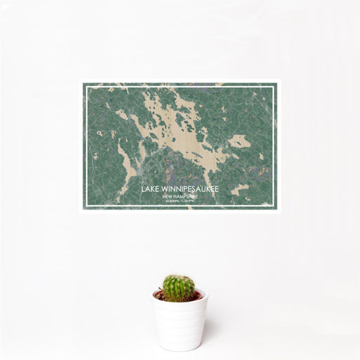 12x18 Lake Winnipesaukee New Hampshire Map Print Landscape Orientation in Afternoon Style With Small Cactus Plant in White Planter