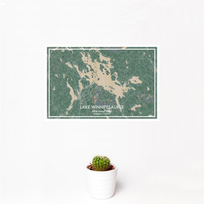 12x18 Lake Winnipesaukee New Hampshire Map Print Landscape Orientation in Afternoon Style With Small Cactus Plant in White Planter