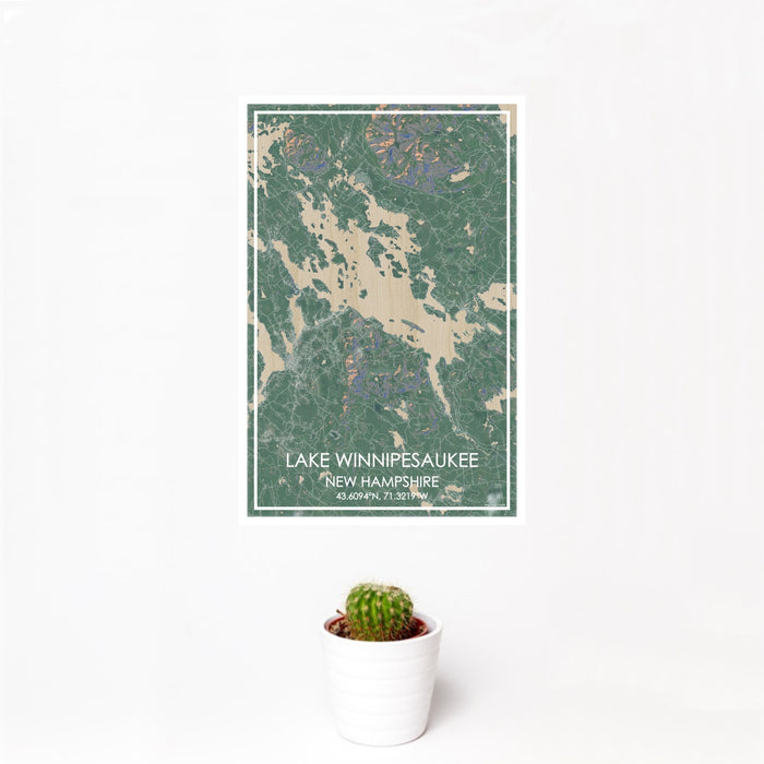 12x18 Lake Winnipesaukee New Hampshire Map Print Portrait Orientation in Afternoon Style With Small Cactus Plant in White Planter