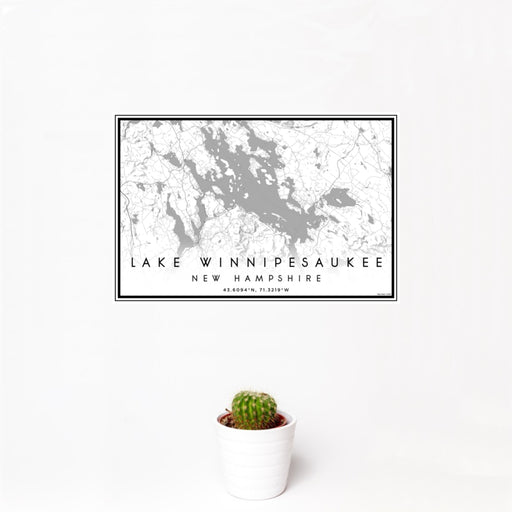 12x18 Lake Winnipesaukee New Hampshire Map Print Landscape Orientation in Classic Style With Small Cactus Plant in White Planter