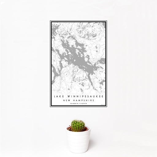 12x18 Lake Winnipesaukee New Hampshire Map Print Portrait Orientation in Classic Style With Small Cactus Plant in White Planter