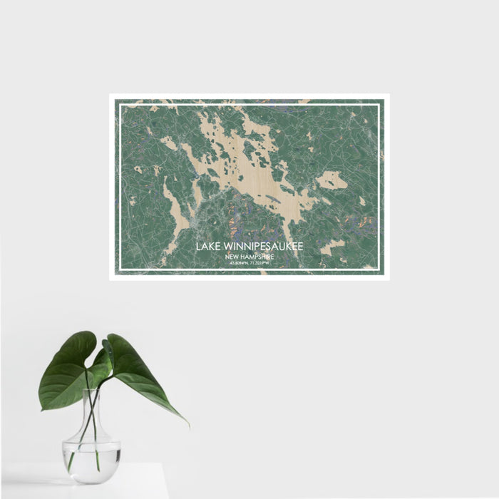 16x24 Lake Winnipesaukee New Hampshire Map Print Landscape Orientation in Afternoon Style With Tropical Plant Leaves in Water