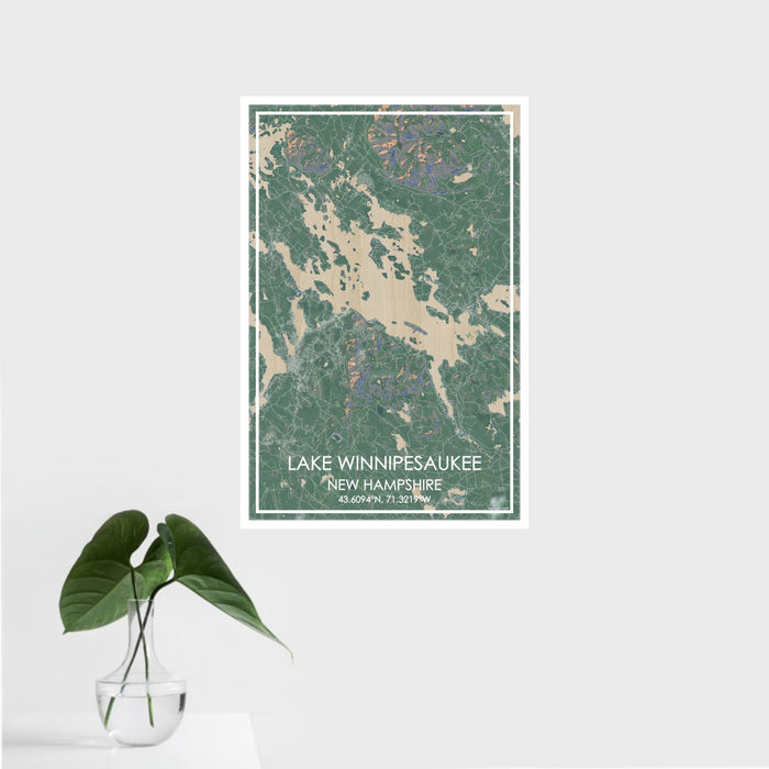 16x24 Lake Winnipesaukee New Hampshire Map Print Portrait Orientation in Afternoon Style With Tropical Plant Leaves in Water