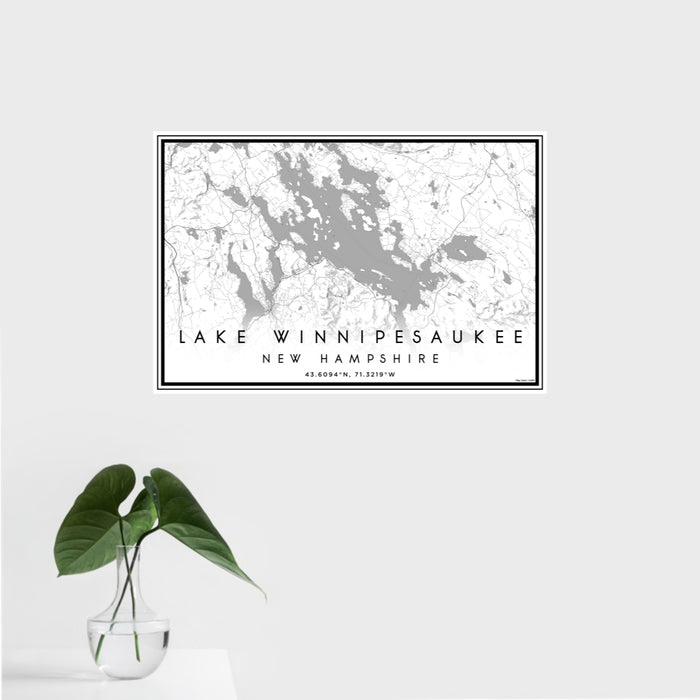 16x24 Lake Winnipesaukee New Hampshire Map Print Landscape Orientation in Classic Style With Tropical Plant Leaves in Water