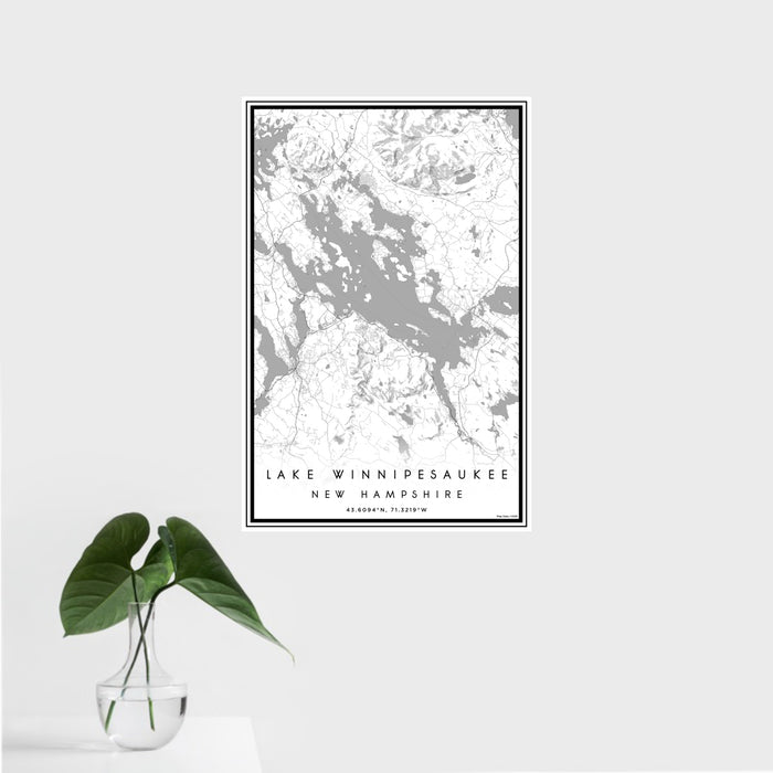 16x24 Lake Winnipesaukee New Hampshire Map Print Portrait Orientation in Classic Style With Tropical Plant Leaves in Water