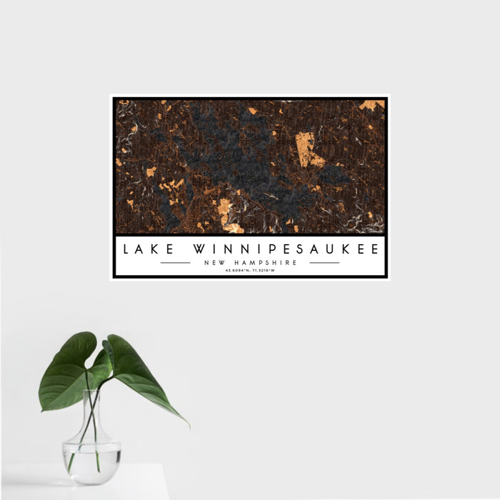 16x24 Lake Winnipesaukee New Hampshire Map Print Landscape Orientation in Ember Style With Tropical Plant Leaves in Water