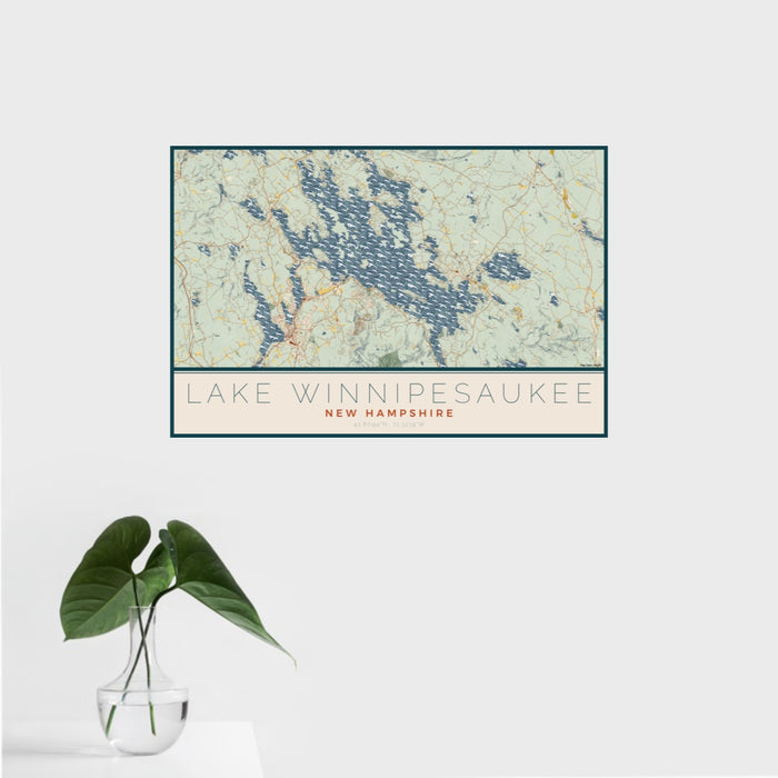 16x24 Lake Winnipesaukee New Hampshire Map Print Landscape Orientation in Woodblock Style With Tropical Plant Leaves in Water