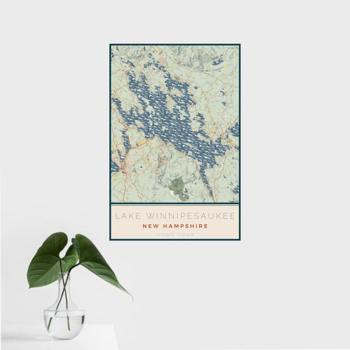 16x24 Lake Winnipesaukee New Hampshire Map Print Portrait Orientation in Woodblock Style With Tropical Plant Leaves in Water