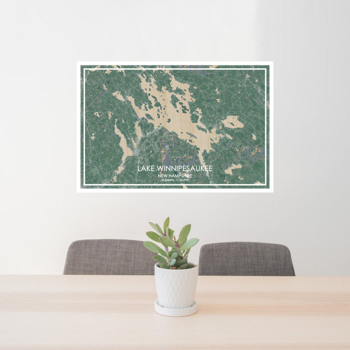 24x36 Lake Winnipesaukee New Hampshire Map Print Lanscape Orientation in Afternoon Style Behind 2 Chairs Table and Potted Plant