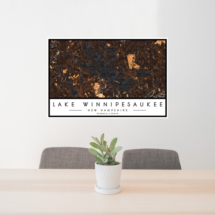 24x36 Lake Winnipesaukee New Hampshire Map Print Lanscape Orientation in Ember Style Behind 2 Chairs Table and Potted Plant