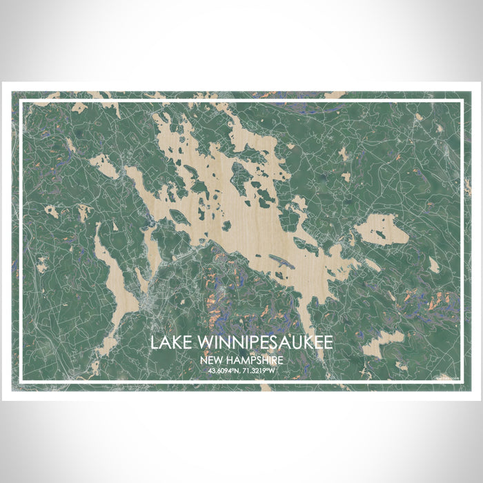 Lake Winnipesaukee New Hampshire Map Print Landscape Orientation in Afternoon Style With Shaded Background