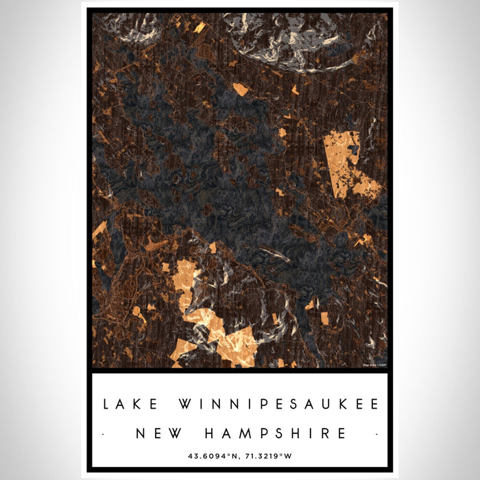 Lake Winnipesaukee New Hampshire Map Print Portrait Orientation in Ember Style With Shaded Background