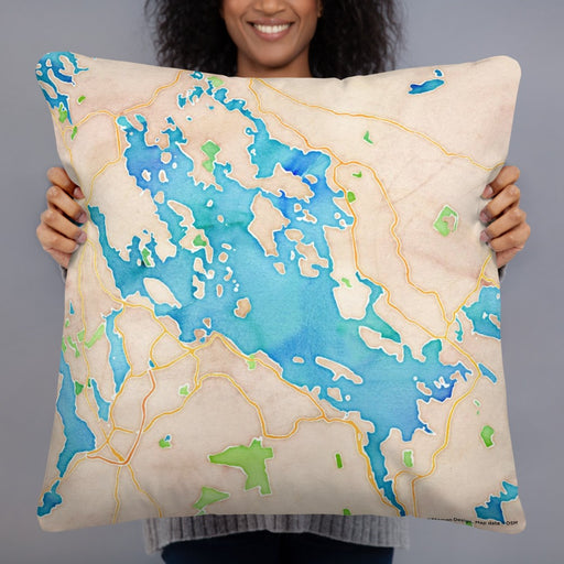 Person holding 22x22 Custom Lake Winnipesaukee New Hampshire Map Throw Pillow in Watercolor