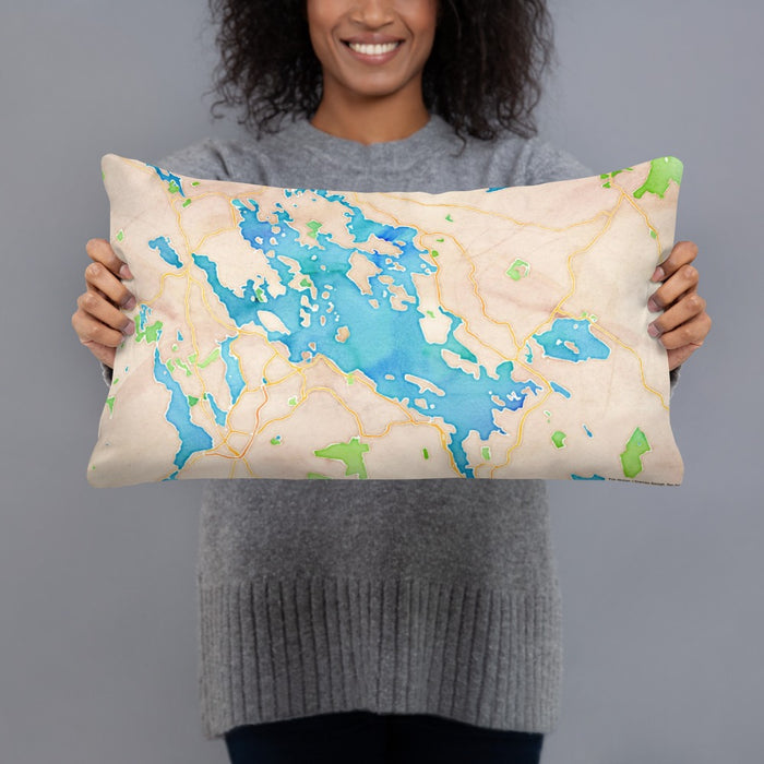 Person holding 20x12 Custom Lake Winnipesaukee New Hampshire Map Throw Pillow in Watercolor