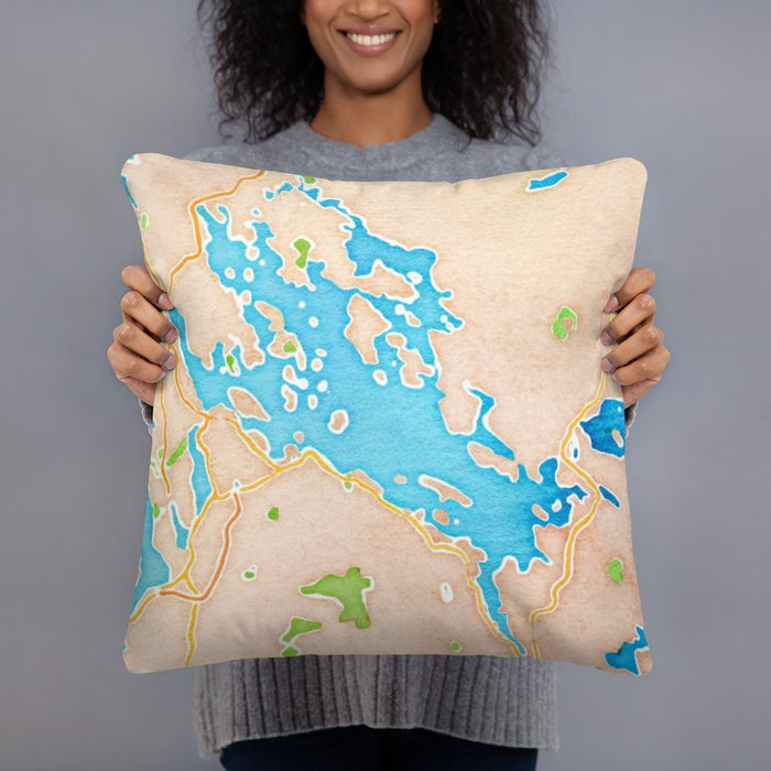 Person holding 18x18 Custom Lake Winnipesaukee New Hampshire Map Throw Pillow in Watercolor