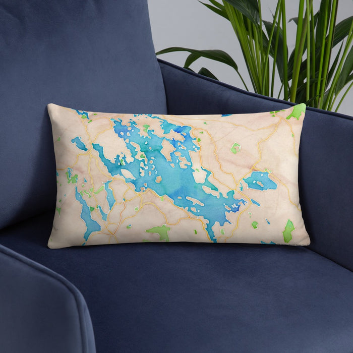 Custom Lake Winnipesaukee New Hampshire Map Throw Pillow in Watercolor on Blue Colored Chair