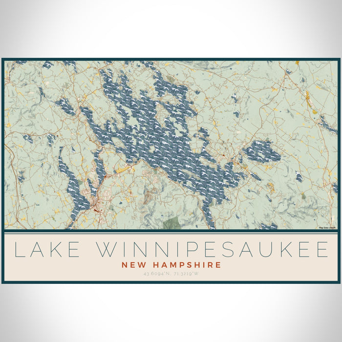 Lake Winnipesaukee New Hampshire Map Print Landscape Orientation in Woodblock Style With Shaded Background