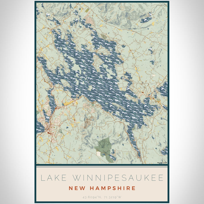 Lake Winnipesaukee New Hampshire Map Print Portrait Orientation in Woodblock Style With Shaded Background