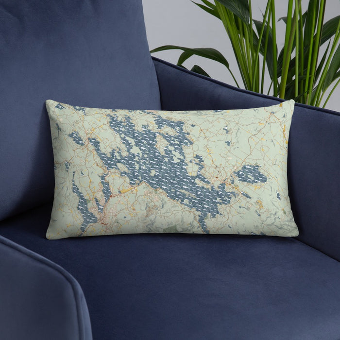 Custom Lake Winnipesaukee New Hampshire Map Throw Pillow in Woodblock on Blue Colored Chair