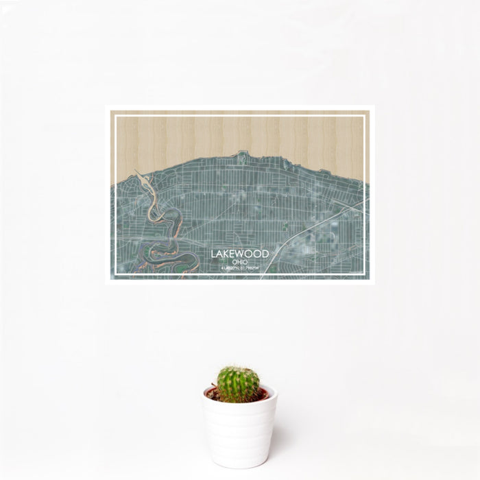 12x18 Lakewood Ohio Map Print Landscape Orientation in Afternoon Style With Small Cactus Plant in White Planter